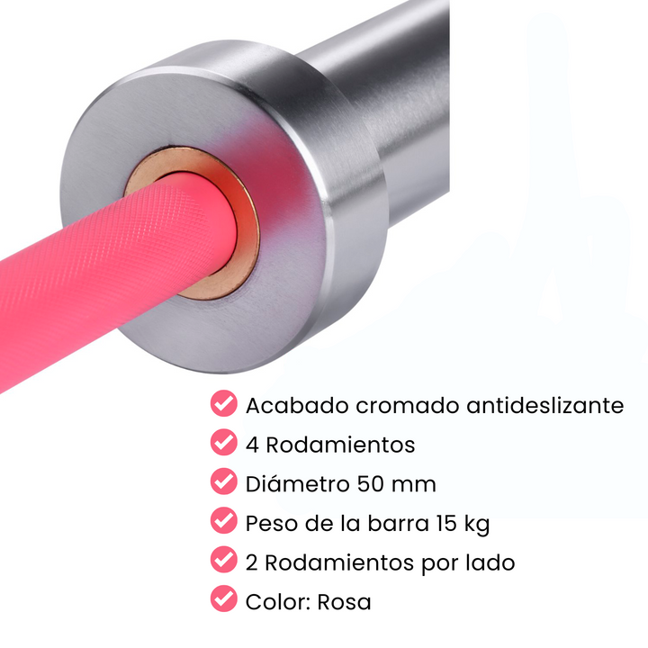 Barra Olímpica Rosa 2m * 50mm 4 rodamientos 340kg - Fitness Tech
