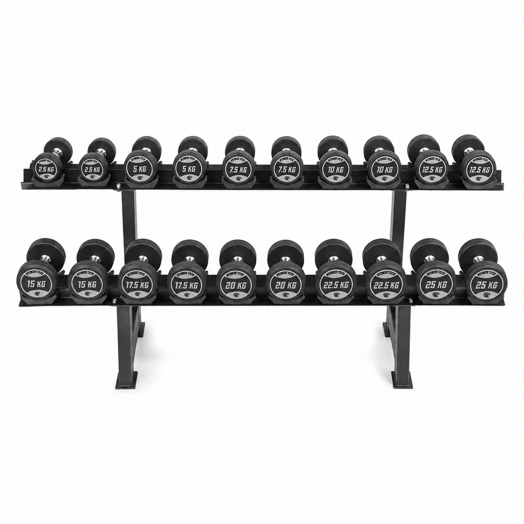 Set Mancuernas Redondas + Mancuernero 2 Alturas (2,5 - 25 kg)